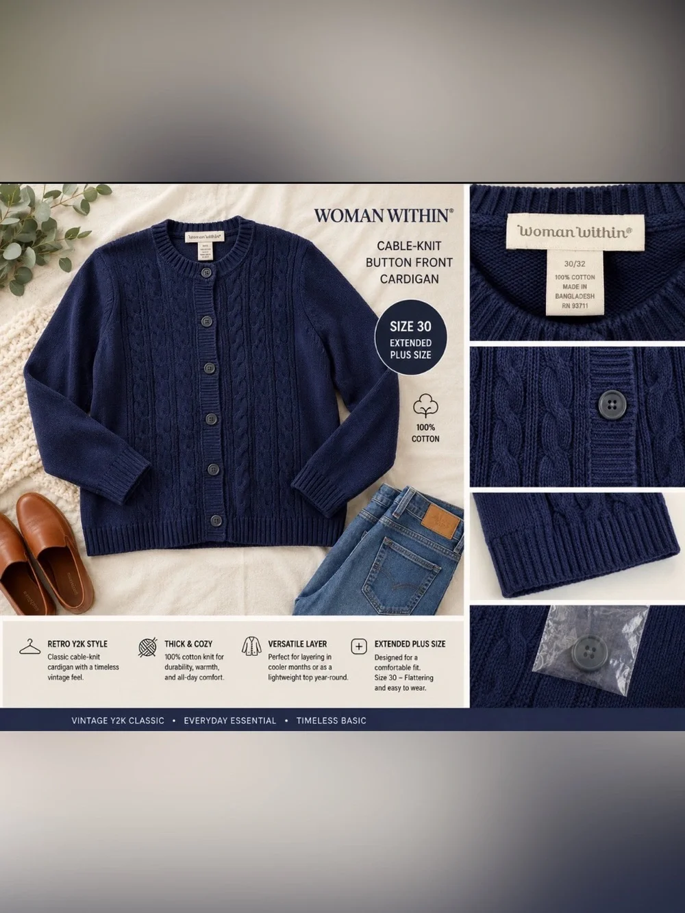 Woman Within - 100 Cotton-Navy Cable-Knit Button Front Cardigan